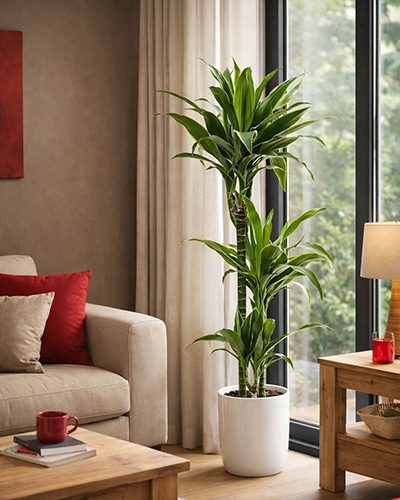 Dracaena fragrans en pot blanc, plante d’intérieur graphique et dépolluante, placée près d’une fenêtre lumineuse.